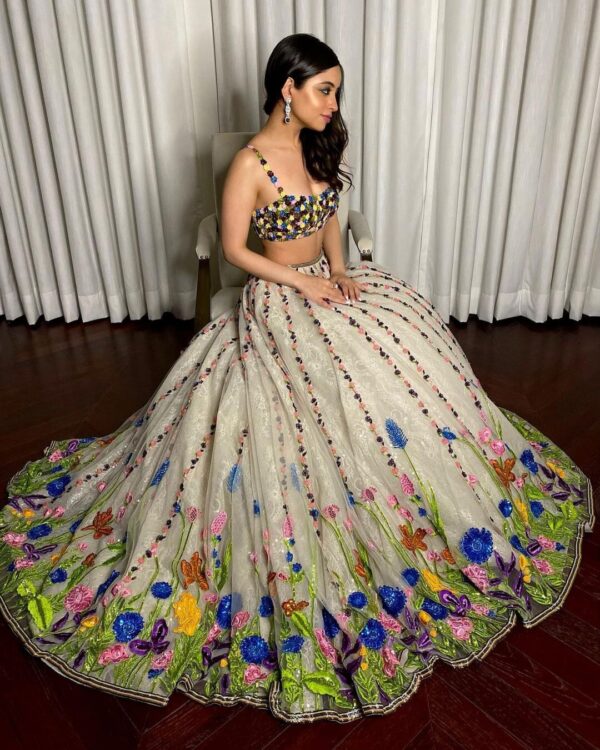 beige lehenga with multicolor embroidery